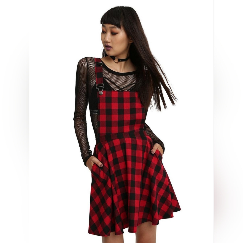 Hot Topic Red & Black Plaid Overall Dress